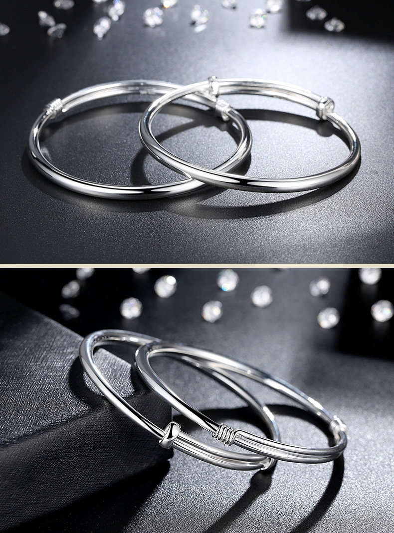 七禧云银手镯999纯银女光面简约韩国情侣银镯子饰品刻字男送女友