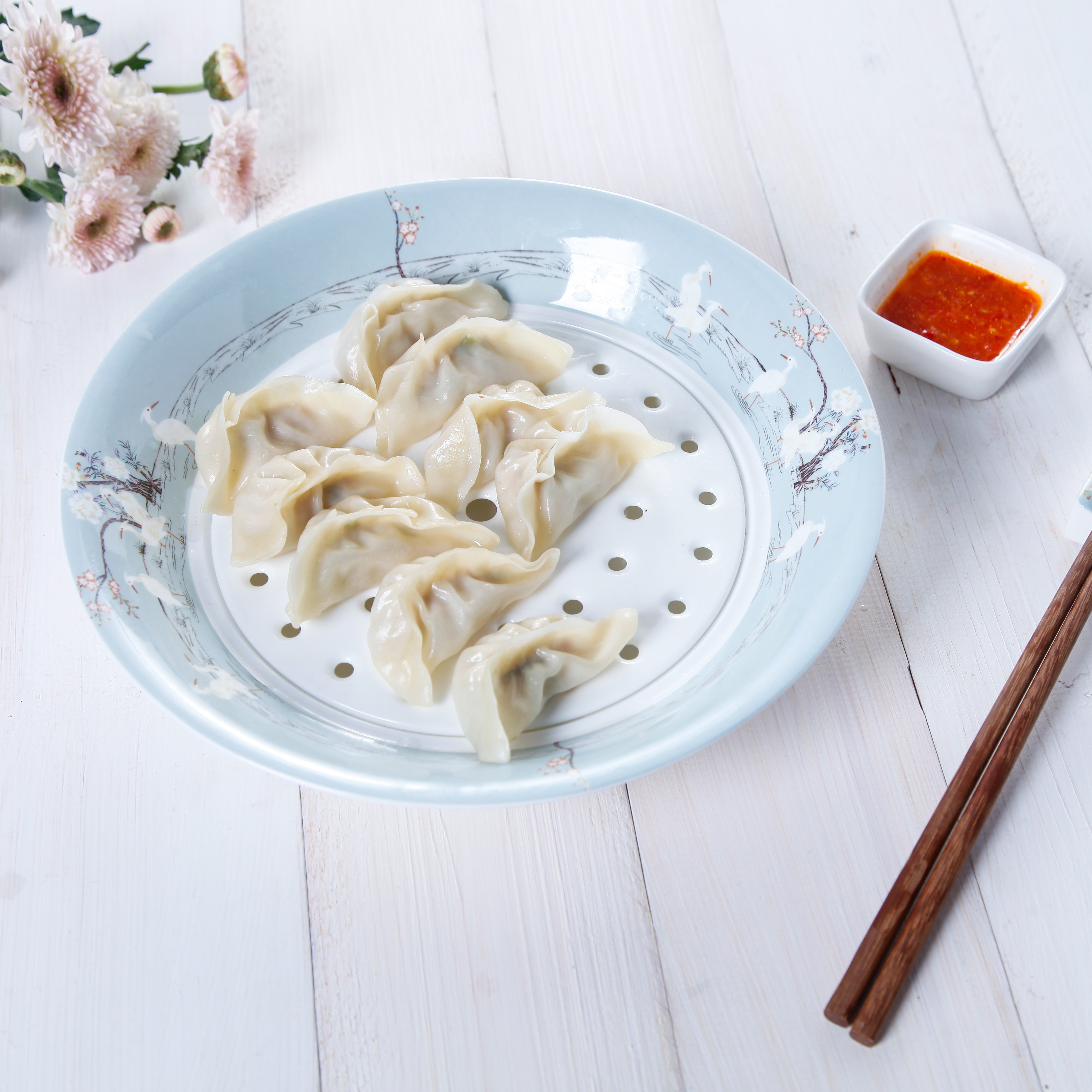 鹤饺子沥水盘骨瓷饺子盘 沥水双层盘 吃水饺盘子控水果盘 过滤水_不