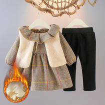 2021 new female baby autumn and winter long sleeve set infant 1-3 years old plus velvet foreign gas three-piece baby winter clothes