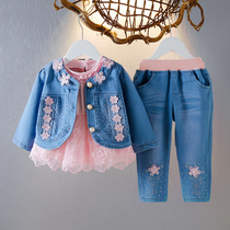 Child Clothing Girl Ocean Gas Korean Version Denim Three Sets Spring Clothing Suit 1-2-3 Year Old Female Baby Casual Child Clothing Suit 4
