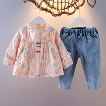 Spring 1-2-3-year-old female baby Yangqi Three sets of girls casual spring clothing jeans suit baby clothes tide 4