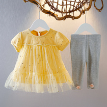 2022 children dress foreign air girl short sleeve summer style suit casual female baby short sleeve yarn dress two sets of summer dress suit