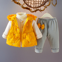 2021 new female baby plus velvet cotton three-piece girl winter long sleeve foreign winter suit baby cotton suit