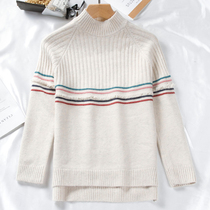  Pullover turtleneck sweater womens autumn and winter 2021 new color striped lazy wind knitted top womens tide loose outer wear