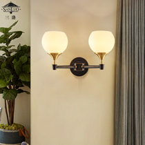 Nordic full copper wall lamp double head living room background wall American simple corridor aisle bedroom bedside lamp T 8027
