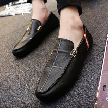 Korean version Black Casual Bean shoe Mens leather One foot pedal set foot sloth shoe trend 100 hitch soft bottom breathable leather shoes
