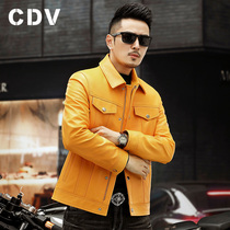 The first layer of pure cowhide Haining leather leather mens motorcycle denim leather jacket short lapel single leather jacket yellow tide