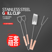 Multifunction Outdoor Barbecue Accessories Three Sets Wood Stainless Steel Grilled Fork Charcoal Holder Barbecue Grill Accessories