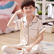 Teen pajamas short sleeves long sleeves spring and autumn ice silk boys junior high school students 12-15 years old middle and old childrens home clothes