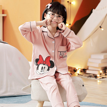 Childrens pajamas womens spring and autumn pure cotton long-sleeved middle and big children summer girls baby cardigan girls home clothes 12-15 years old
