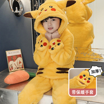 Childrens pajamas boy autumn and winter coral fleece baby thickened flannel boy middle and big childrens home clothes set