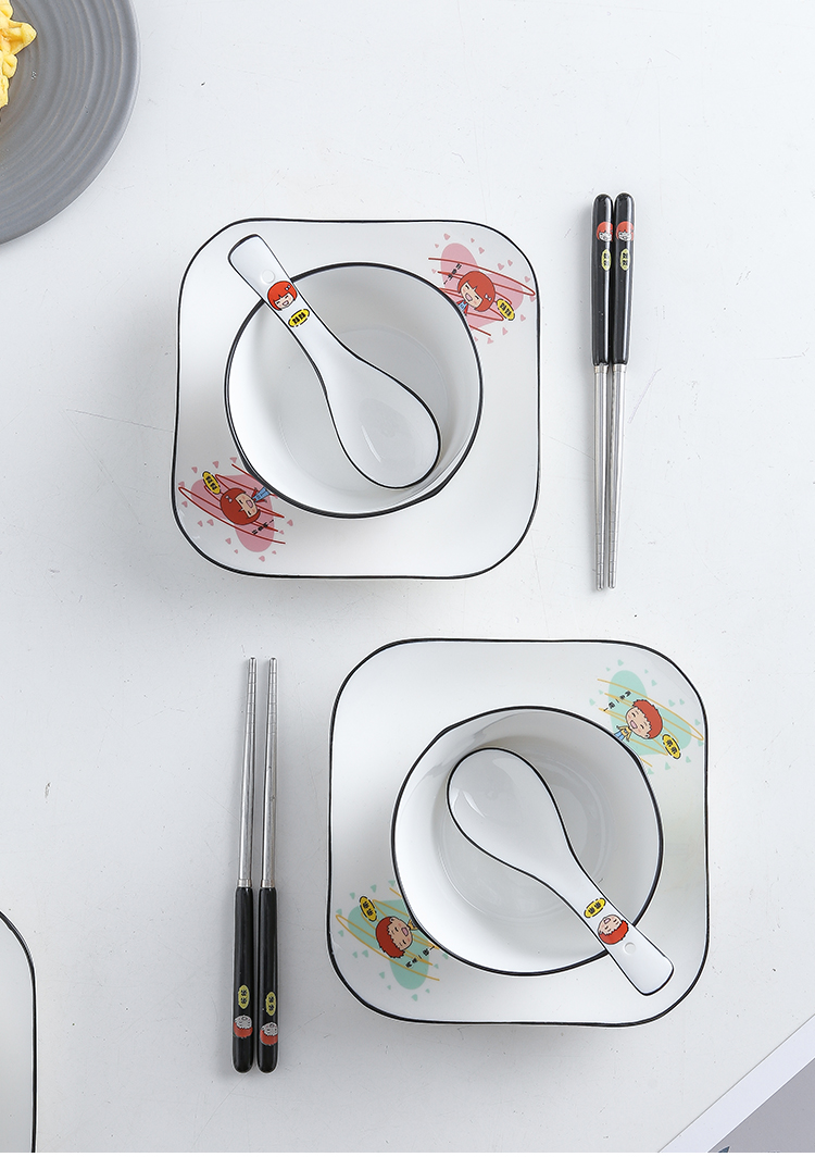 亲子碗碟盘筷子勺套装陶瓷高档卡通一家人4口全家福创意分餐餐具
