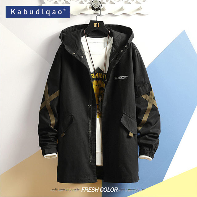 Mid-length windbreaker men's spring and autumn ruffian handsome men's large size fat loose youth handsome tooling hooded jacket Mid-length windbreaker men's spring and autumn ruffian handsome men's large size fat loose youth handsome tooling hooded jacket