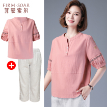 Middle-aged women summer dress Foreign suit 40-year-old 50 Mother short-sleeved T-shirt middle-aged summer casual top two-piece set