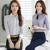 Large size long sleeve shirt womens hotel front desk overalls autumn dress vertical striped shirt ladies slim professional dress