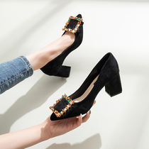 Square buckle high heels women's thick heel black 2021 spring and autumn new pointed women's shoes Joker small size women's shoes