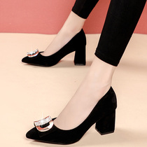 Pointed shoes women's 2021 new spring rhinestone square buckle work shoes with professional black high heels women's thick heels