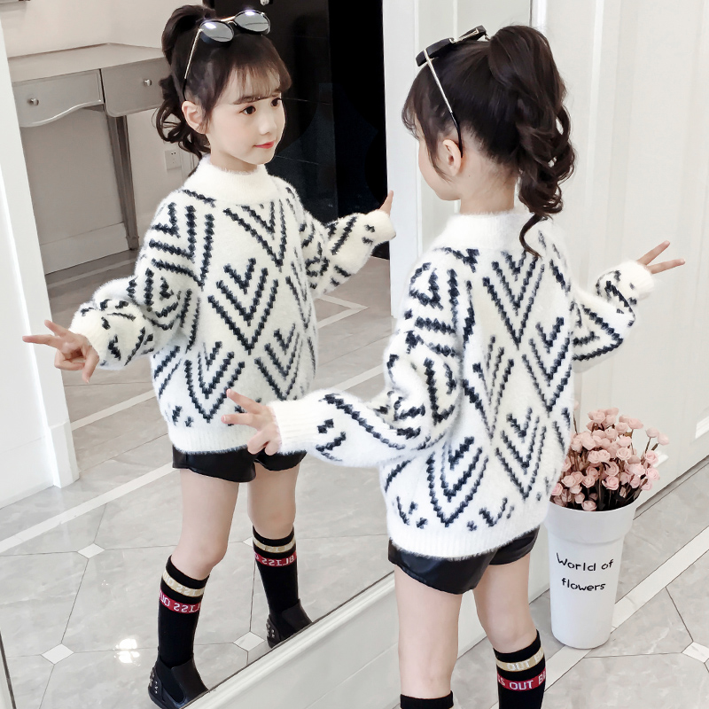 Girls Mink Fleece Sweater 2021 New Fall/Winter Dress Foreign Air Kids Wear Big Kids High Neck Plus Velvet Thick Undershirt