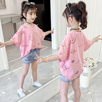 Girls short-sleeved t-shirt summer 2021 new foreign style childrens summer top middle big virgin girl Korean half-sleeve T-shirt