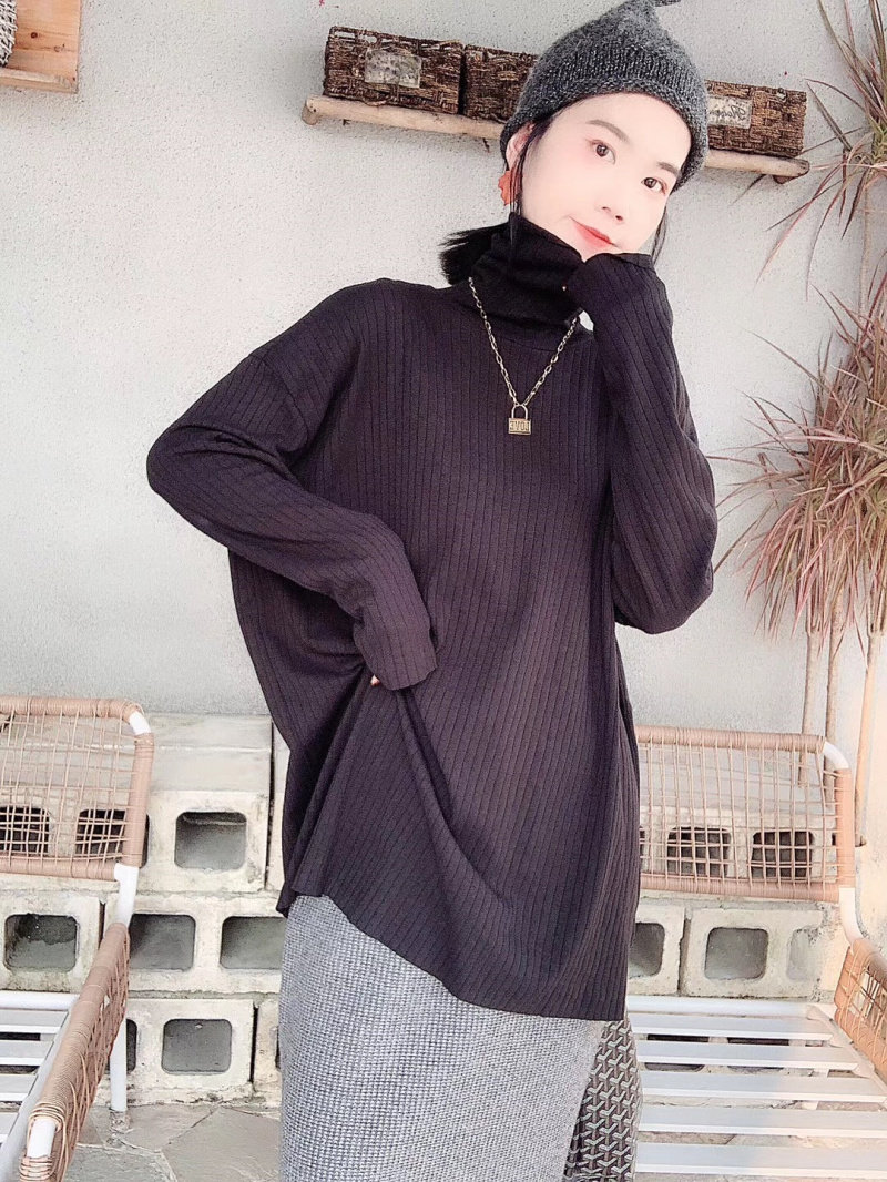 yuanxi元熙秋冬新款纯色大码高领针织打底衫女中长款宽松长袖t恤