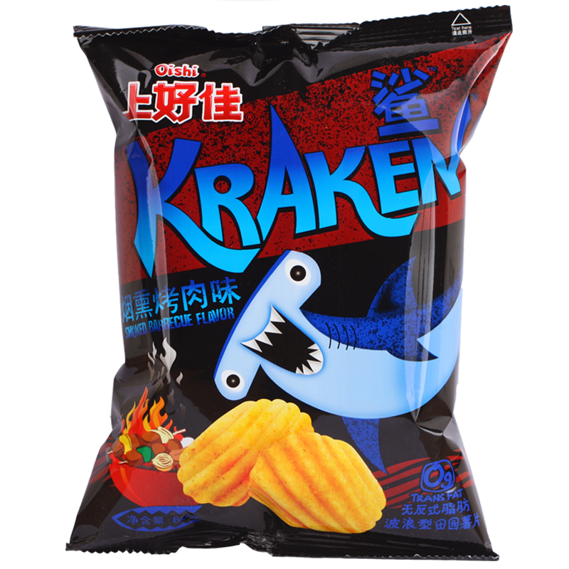 上好佳鲨波浪型田园薯片60g烤肉芝士火辣味办公休闲膨化零食小吃