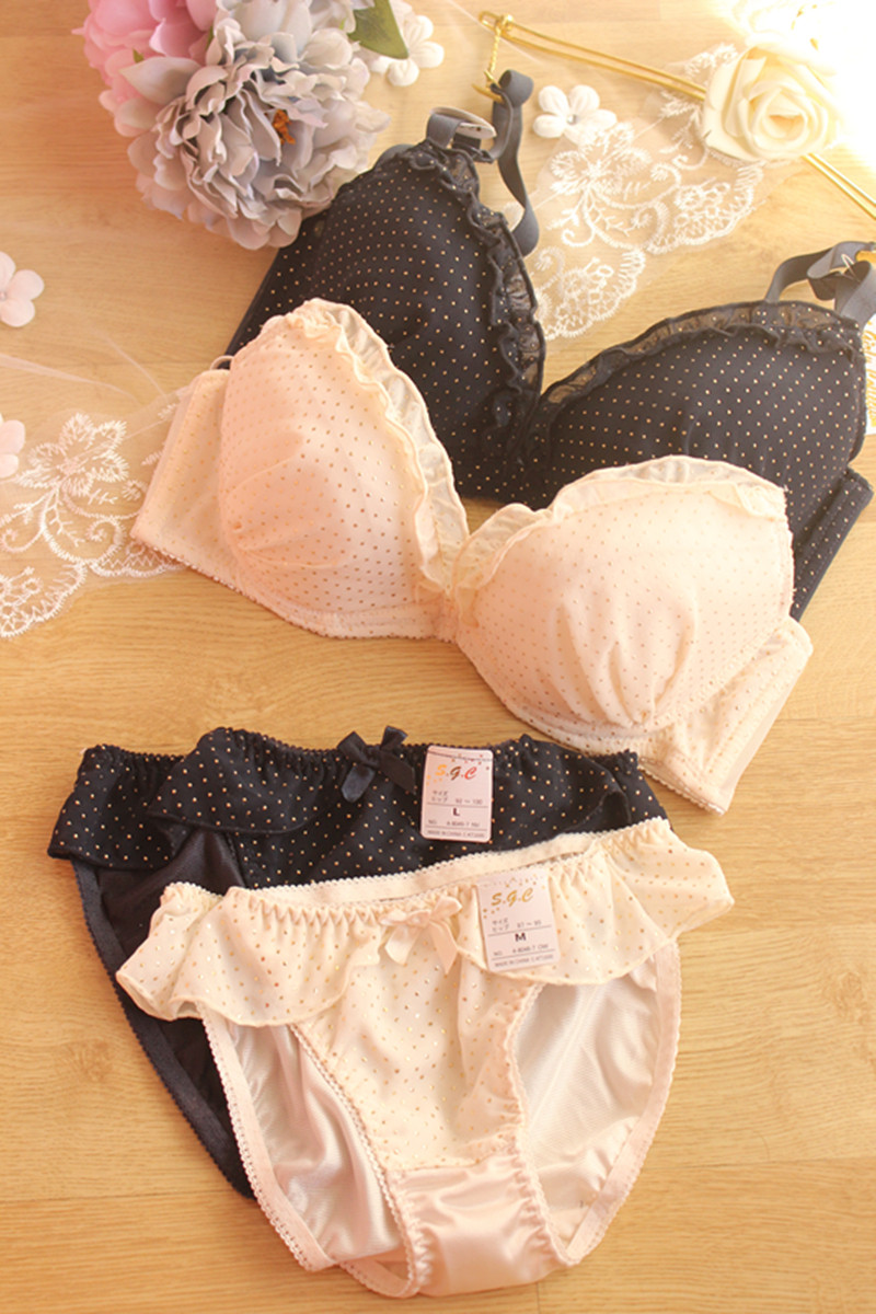 新立体圆点薄点低鸡心领大码e罩文胸小胸聚拢内衣可爱雪纺边套装