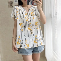 Pure cotton silk shirt womens summer new loose thin section mother V-neck shirt large size artificial cotton short-sleeved womens top