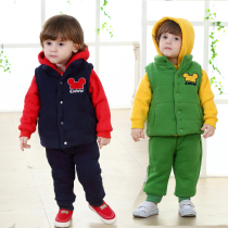 Baby plus velvet thickened sweater three-piece set baby childrens clothing autumn and winter boys and girls cotton coat winter clothing