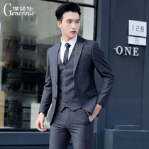 Suit suit mens three-piece Korean version of slim business professional formal suit dark plaid suit mens wedding dress