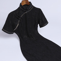 Qi Wei cheongsam improved fashion vintage long slim female Chinese style elegant fish tail black lace dress