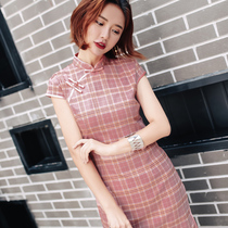 Qi Wei cheongsam cotton and linen plaid fashion young slim daily dress summer short literary retro Chinese style