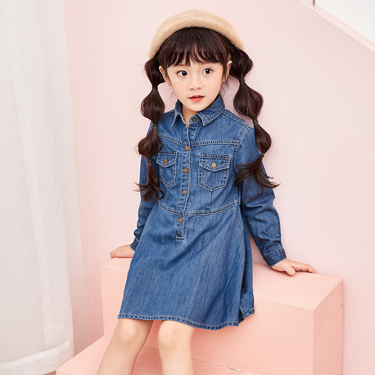 衣品天成童装 2017秋装新款女童纯色长袖连衣裙 中大儿童牛仔裙