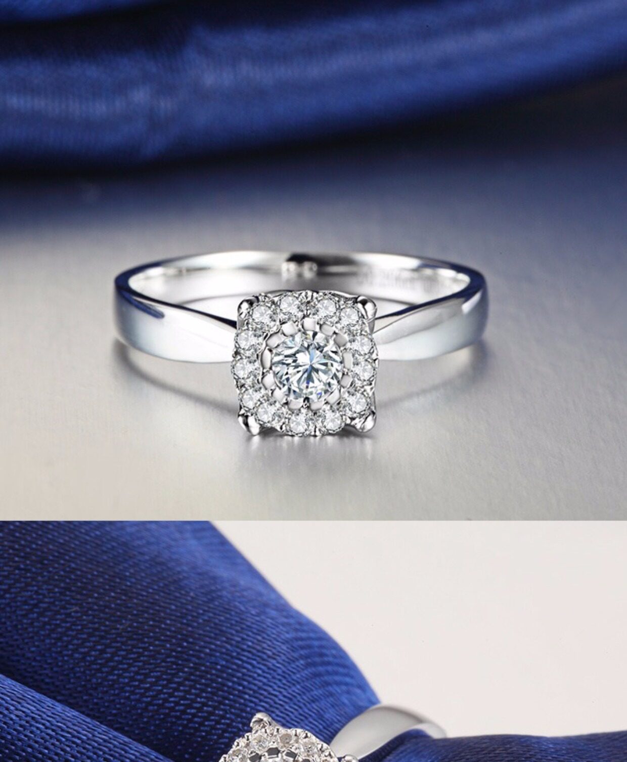 圣德宝18k白金20分钻石戒指女群镶求结婚1克拉效果钻戒