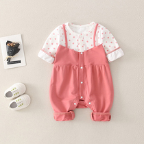 Baby fake two-piece jumpsuit spring baby clothes cardigan thin section female baby long sleeve pure cotton romper out dress