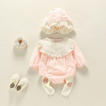 Baby girl small floral princess Hayi suit Spring and autumn newborn baby triangle climbing suit three-piece set send hat