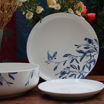 Spring moving branches single indigo blue flowers and birds ceramic tableware daily household plate bowl breakfast plate