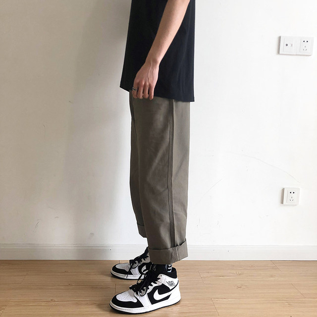 ins overalls men's spring and summer wild tide brand Hong Kong style fall sense wide leg pants straight pants loose Japanese cropped pants ins overalls men's spring and summer wild tide brand Hong Kong style fall sense wide leg pants straight pants loose Japanese cropped pants