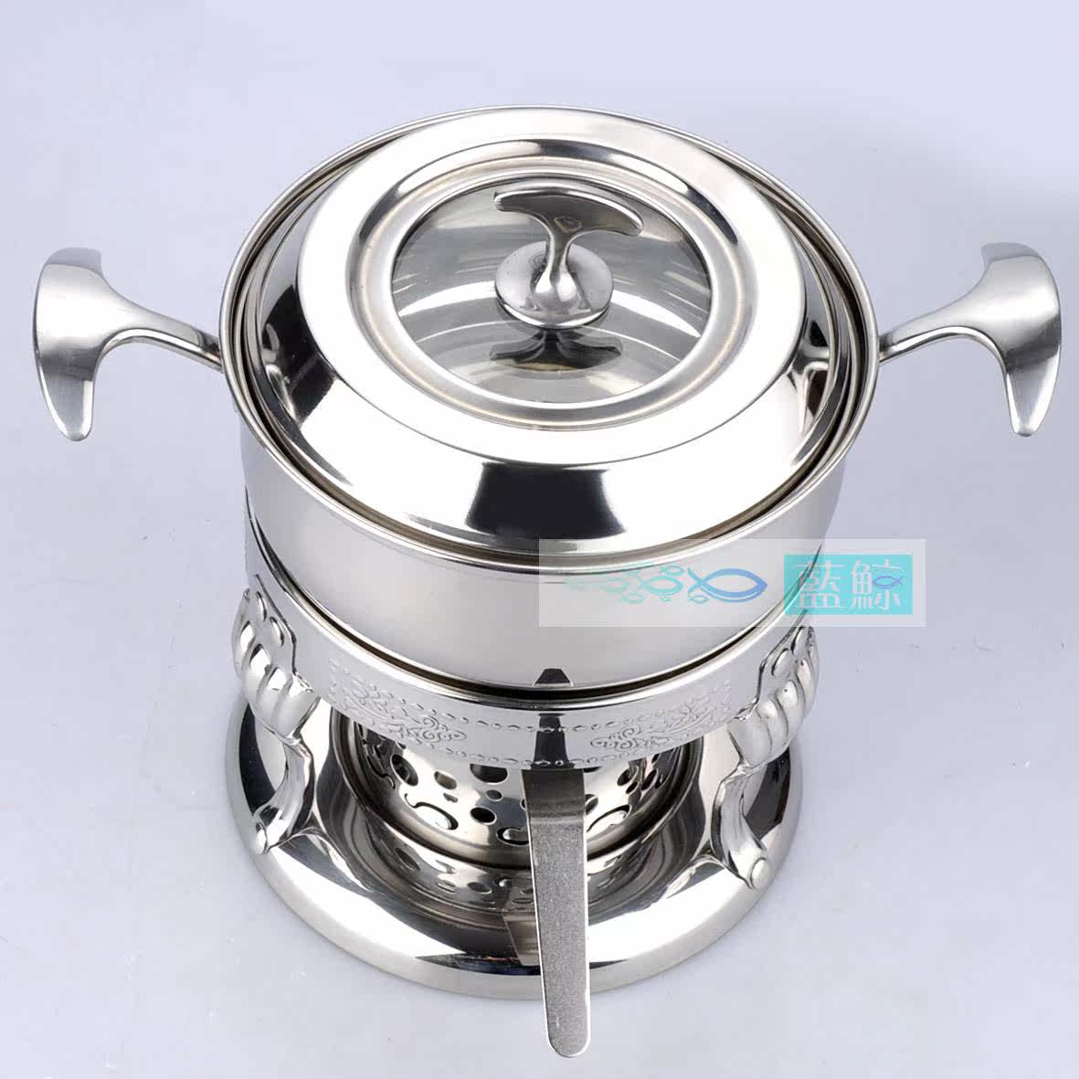 蓝鲸欧式加厚双耳不锈钢液体酒精炉小火锅个人自助餐厅店用大尺寸