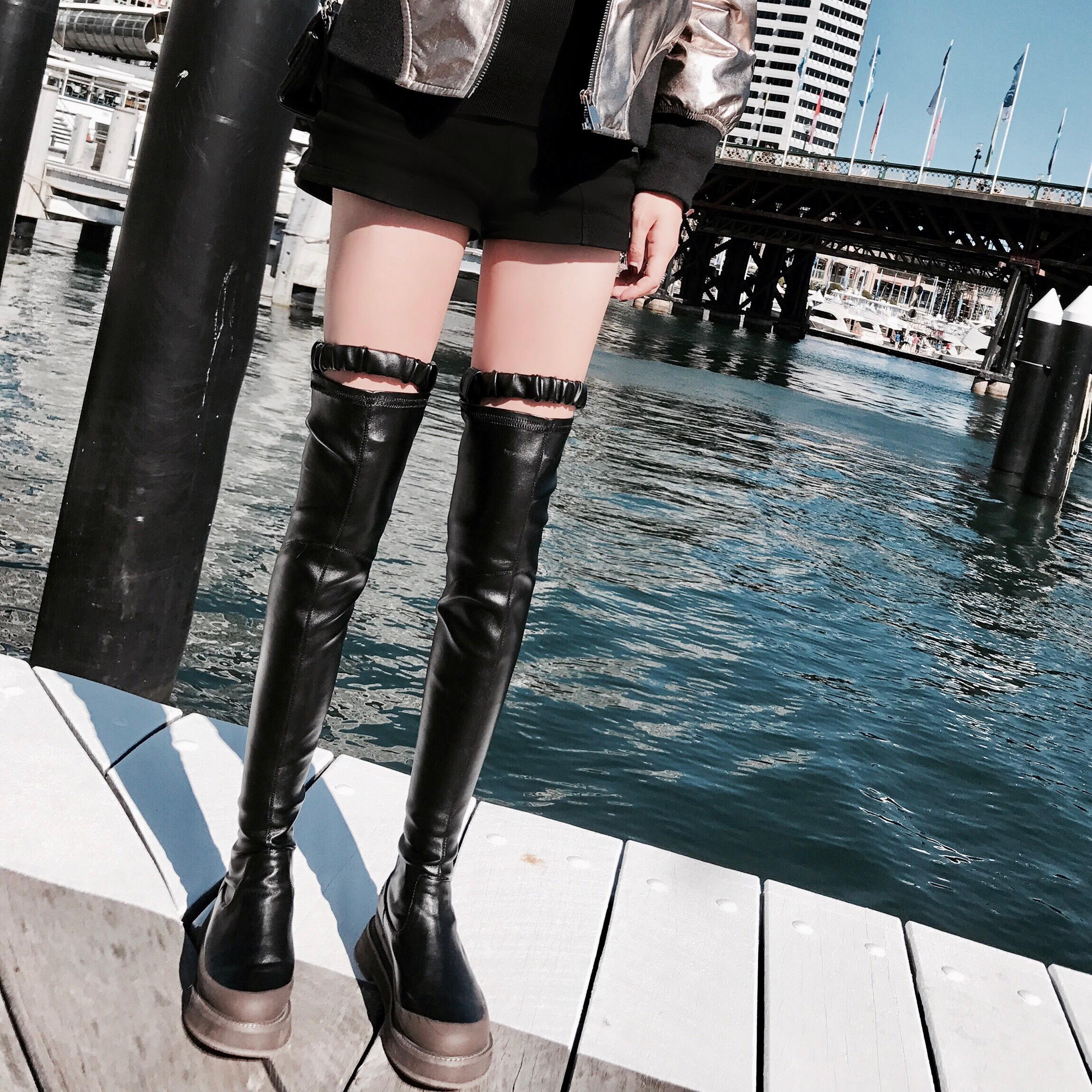 早安樊樊 圆头粗跟过膝长靴女2017冬季新款平底