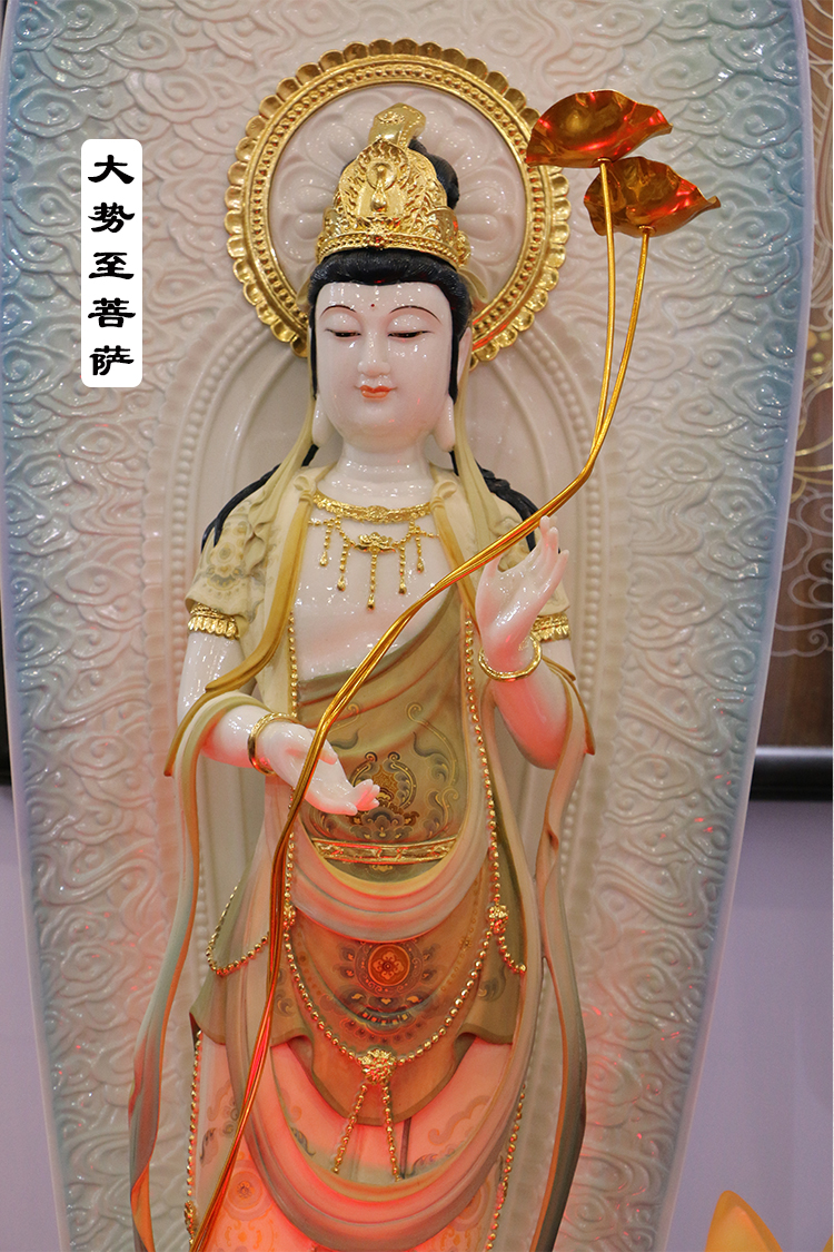 汉白玉冰翠彩绘西方三圣大势至菩萨像阿弥陀佛观音菩萨像佛像摆件
