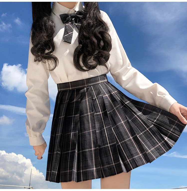 实拍烟灰格裙日式jk制服清新软妹学院风格子领结高腰格纹百褶 - 17网