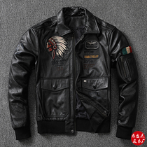 Pure Head Layer Cow Leather Jacket Embroidery Multiscale Genuine Leather Leather Clothing Male collar leather jacket locomotive Flying Large Code