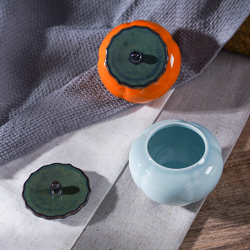 Large small pumpkin caddy fixings storage jar airtight pot color glaze blue glaze of household ceramic seal pot