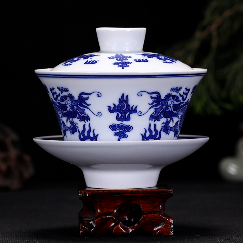 The Product jue jingdezhen blue and white glaze ceramic large tureen next three color tea cup bowl bowl teahouse with flowers