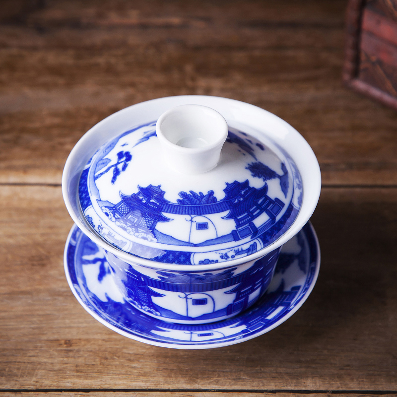 Jingdezhen tureen under glaze blue and white porcelain cups large tureen tea kungfu three bowls