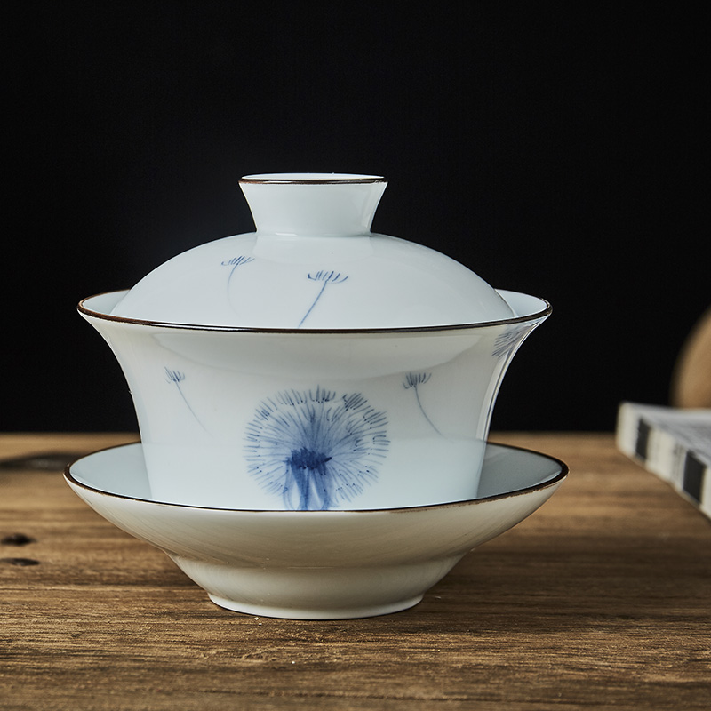 Jingdezhen blue and white porcelain tureen large tureen tea cup upset three bowl of celadon glaze under hand - made scenery 300 ml