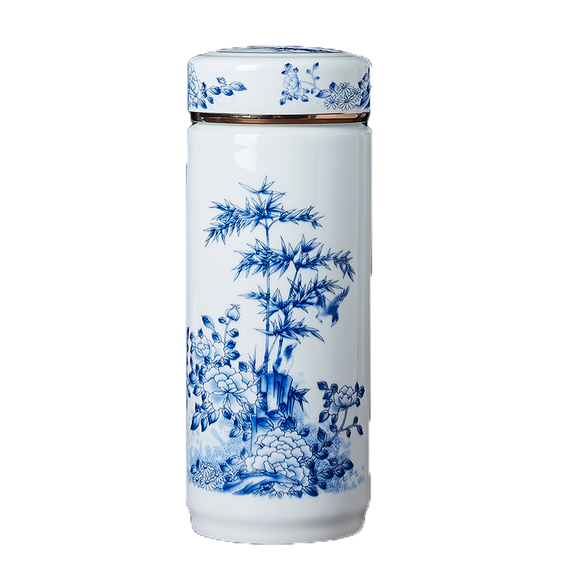 Jingdezhen ceramic double ceramic tank with cover insulation cup portable office blue and white porcelain cup tea cup