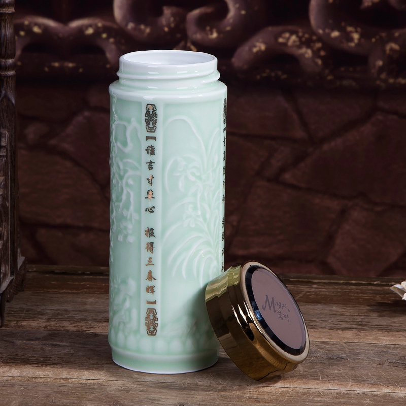 Jingdezhen ceramic vacuum cup men 's and' s business celadon water cup double car ceramic gifts cups