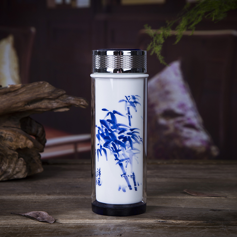 Jingdezhen ceramic tank vacuum cup double deck glass with cover portable blue and white porcelain teacup men and women