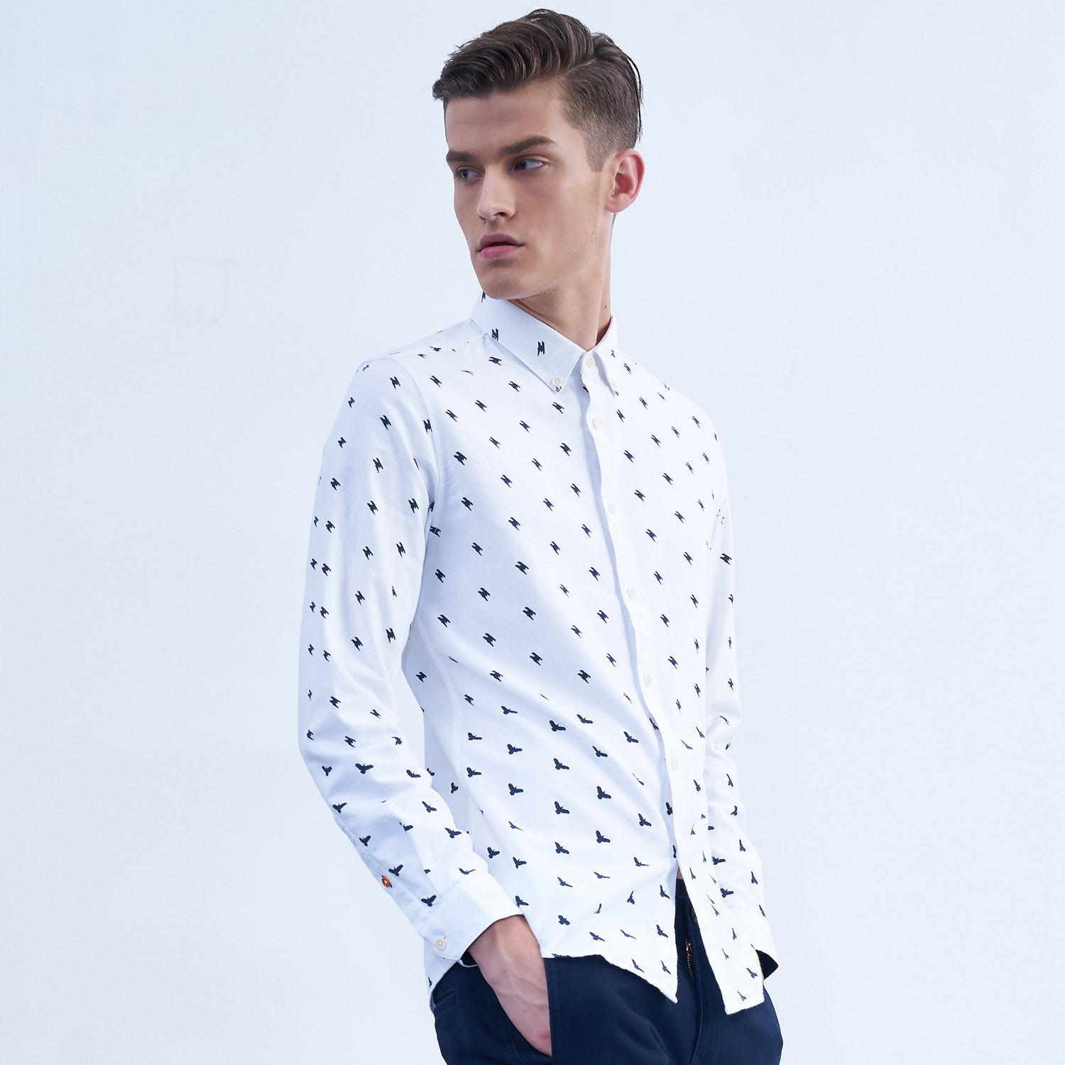 kikc男装 专柜新品欧美男士波点长袖衬衫休闲修身衬衣青年男